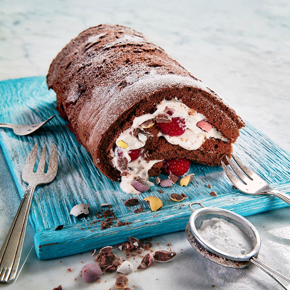 Mini Egg Chocolate and raspberry Roulade